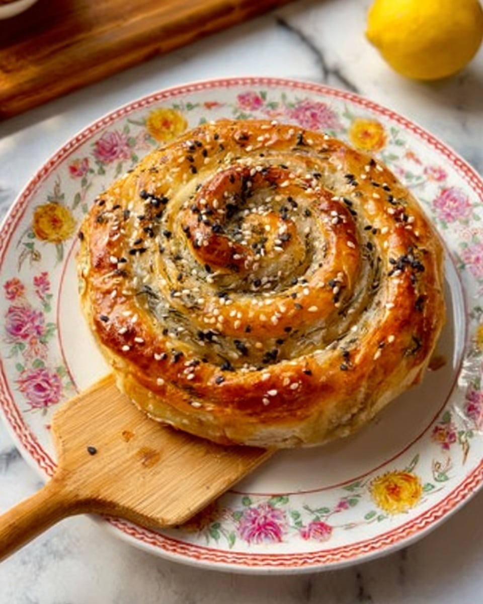 A round, spiral-shaped pastry with a golden-brown, flaky crust is placed on a white plate decorated with red, yellow, and pink flowers around the edge. The pastry is topped with a mix of black and white sesame seeds and looks crisp with a slightly shiny texture. A wooden spatula is under the pastry, and part of a lemon is seen in the top right corner on a white marbled surface. The scene is bright and well-lit, showing the pastry's detailed layers and texture clearly. Photo taken with an iphone --ar 4:5 --v 7
