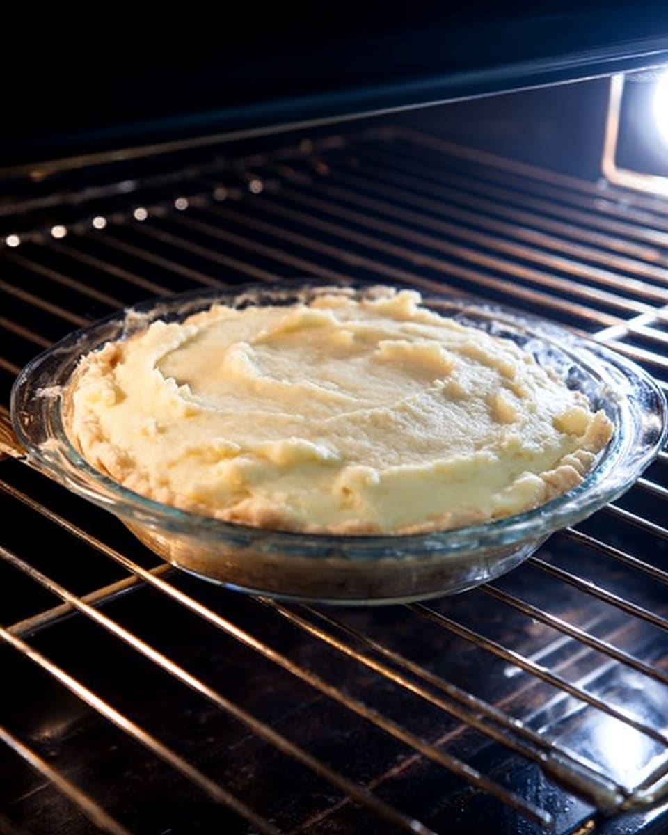 A clear glass pie dish placed on an oven rack with one layered pie inside. The bottom layer is a darker crust visible slightly through the sides, topped with a thick, creamy mashed potato layer that is pale yellow and smooth, covering the entire surface. The texture of the mashed potatoes looks soft and slightly uneven like it was spread carefully. The oven interior is dark with a warm light shining on the pie. The background surface is a white marbled texture. photo taken with an iphone --ar 4:5 --v 7