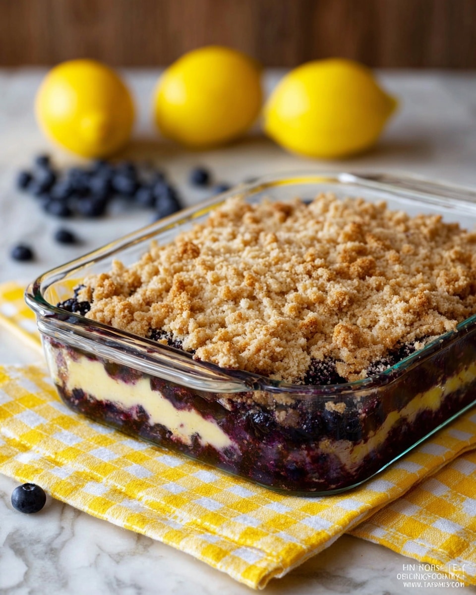 A clear rectangular glass dish holds a dessert with three visible layers: the bottom layer is made of dark purple blueberries, the middle layer is a light cream color with a smooth texture, and the top layer is a golden-brown crumbly topping with a rough texture and small nut pieces. The dish rests on a yellow and white checked cloth on a white marbled surface. In the background, there are two whole yellow lemons and scattered blueberries, slightly out of focus. photo taken with an iphone --ar 4:5 --v 7