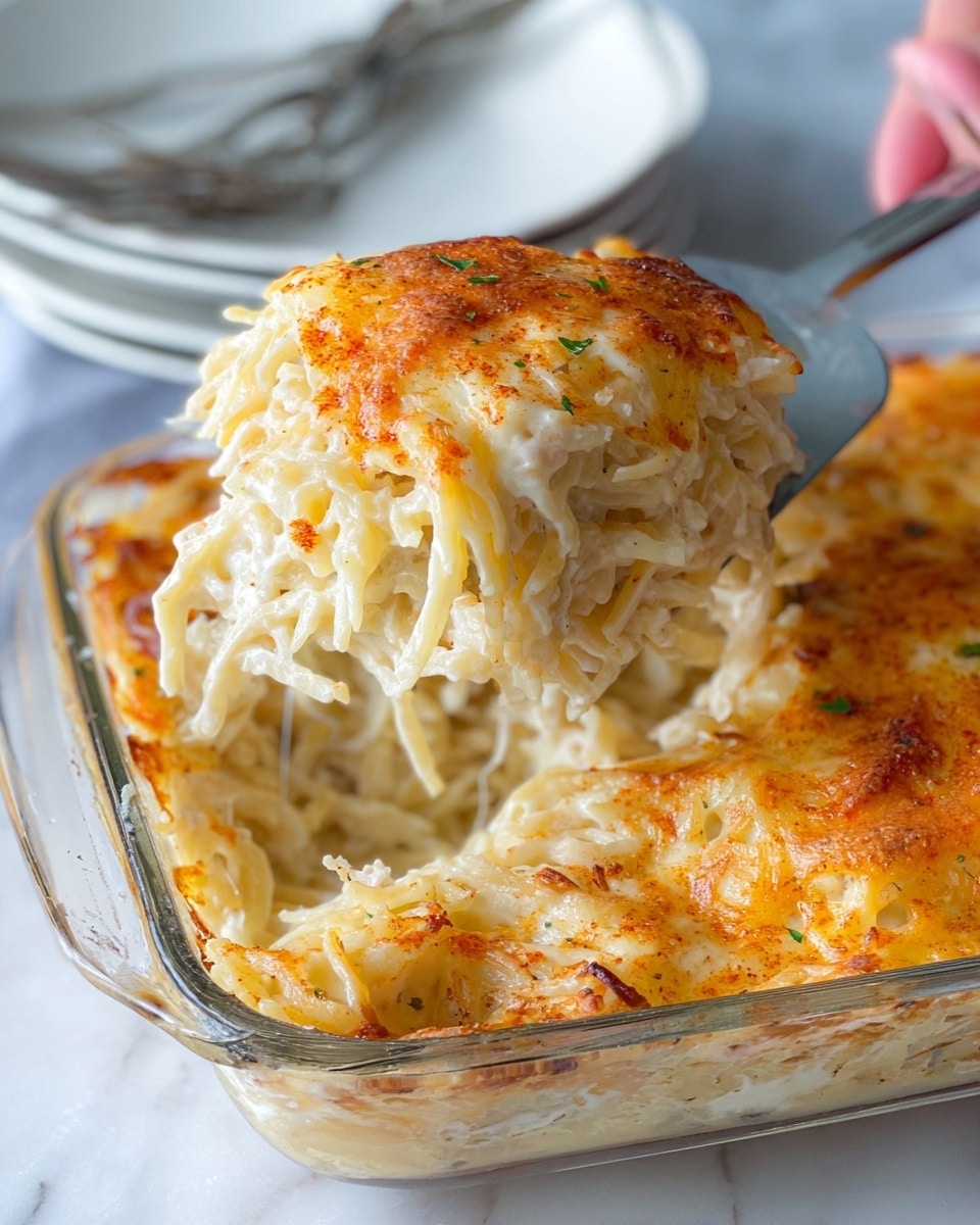 A close-up of a baked dish being served with a spatula, showing a thick, creamy layer of shredded white pasta mixed with a white sauce, topped with a golden-brown, melted cheese crust that has slight crispiness and a sprinkle of paprika. The dish has visible strands of pasta throughout, layered densely and held together by the creamy sauce. The glass baking dish below holds the rest of the pasta, sitting on a white marbled surface with a fork and spoon resting on a clean white plate in the background. A woman's hand is holding the spatula. photo taken with an iphone --ar 4:5 --v 7
