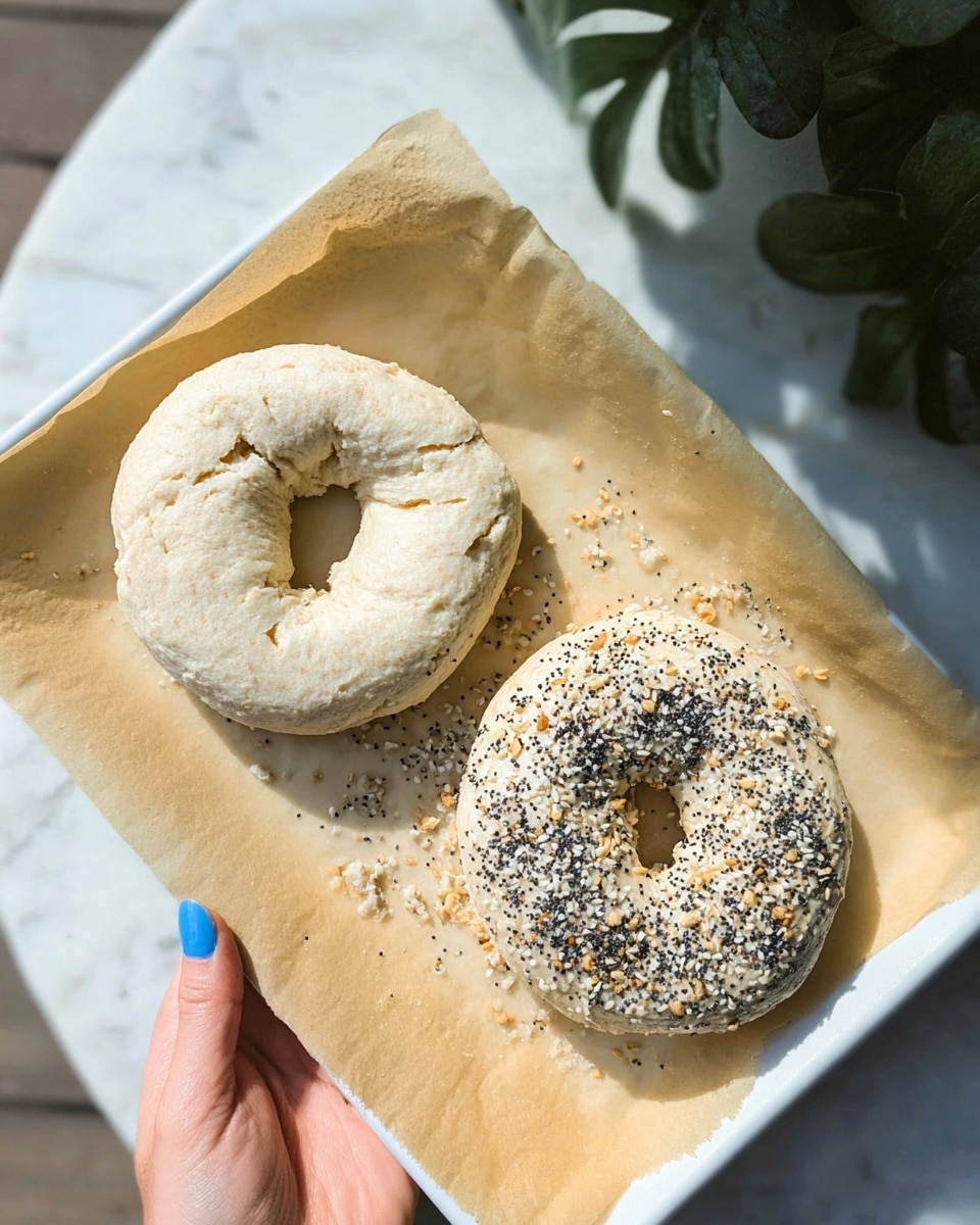 Two unbaked bagels sit on a sheet of parchment paper lined in a white tray. The bagel on the left has a pale dough color with a rough texture, showing a few folds and cracks. The bagel on the right has a similar dough base but is covered with a mixture of black and white seeds and flakes, giving it a speckled texture. Both bagels have a visible hole in the center and sit on a white marbled textured surface. A woman's hand with blue nail polish holds the tray from the bottom left corner, and parts of leafy green plants are visible in the top right corner. Photo taken with an iphone --ar 4:5 --v 7