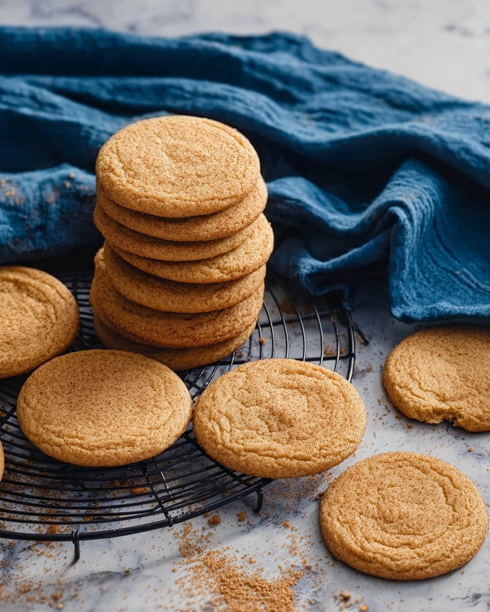 A group of round, light brown cookies with a slightly cracked surface sit on a black cooling rack. Eight cookies are stacked neatly on the left side of the rack, while three more cookies are scattered nearby, showing texture and crumbs. A blue cloth is draped in the upper part of the image, resting on a white marbled surface with some crumbs scattered around. photo taken with an iphone --ar 4:5 --v 7