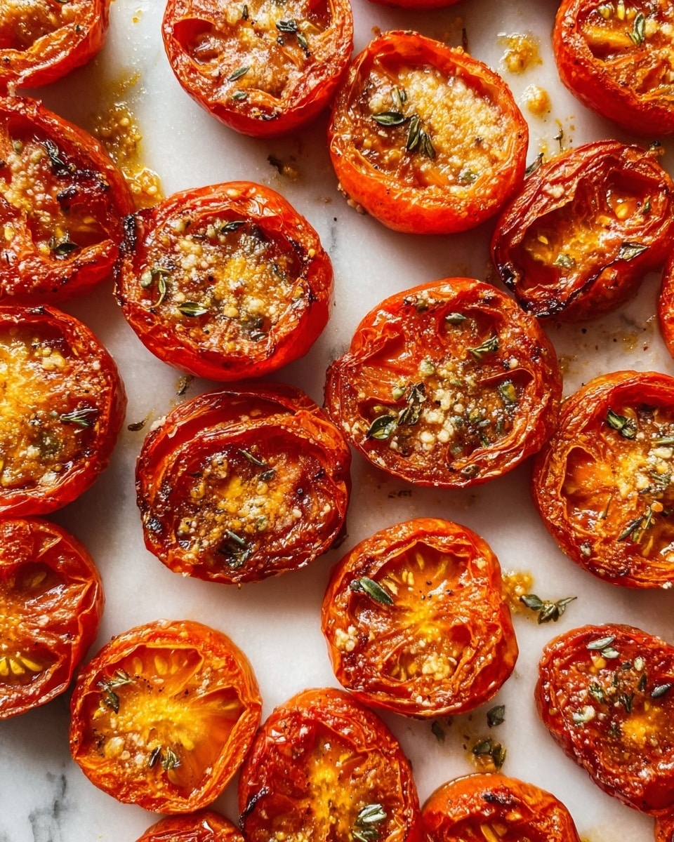 The image shows many round, roasted tomato halves arranged closely on a white marbled surface. Each tomato half is deep red with wrinkled edges, and the centers are filled with melted golden cheese or garlic bits, sprinkled with herbs and small green leaves. The shiny surface of the tomatoes shows a light coating of oil, giving them a glossy, cooked look. The tomatoes have uneven textures from roasting, showing soft, juicy insides and slightly dried skins. The whole scene is bright and colorful with red, yellow, and green tones on the white marbled background. photo taken with an iphone --ar 4:5 --v 7