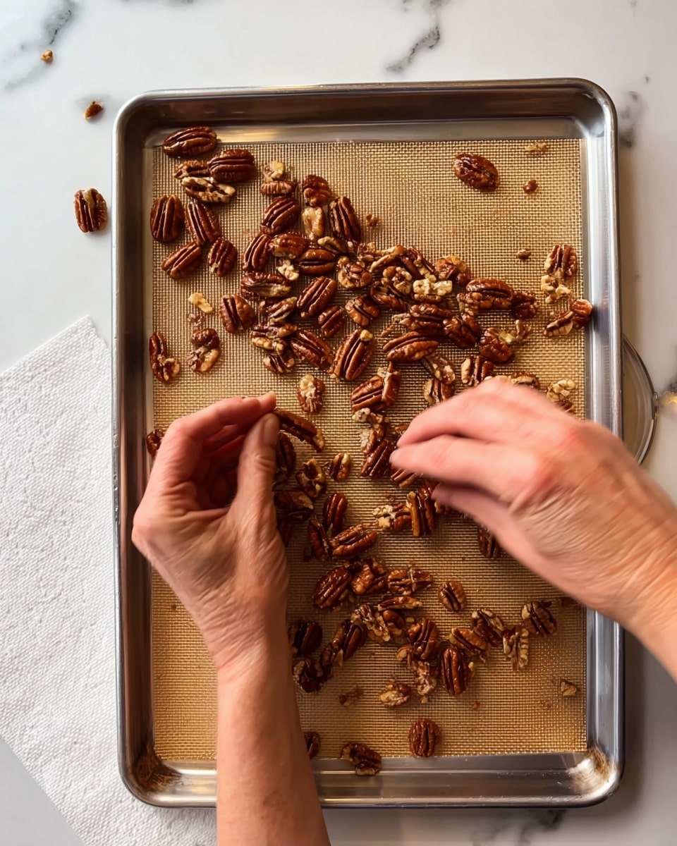 The image shows a metal baking tray with a light brown silicone mat inside, covered with scattered toasted pecans. The pecans are medium to dark brown with a glossy, slightly oily texture. Two woman's hands are seen picking up some pecans; one hand is holding a pair of pecan halves while the other is reaching for more. The tray is placed on a white marbled surface, and there is a white paper towel folded on the side. Photo taken with an iphone --ar 4:5 --v 7