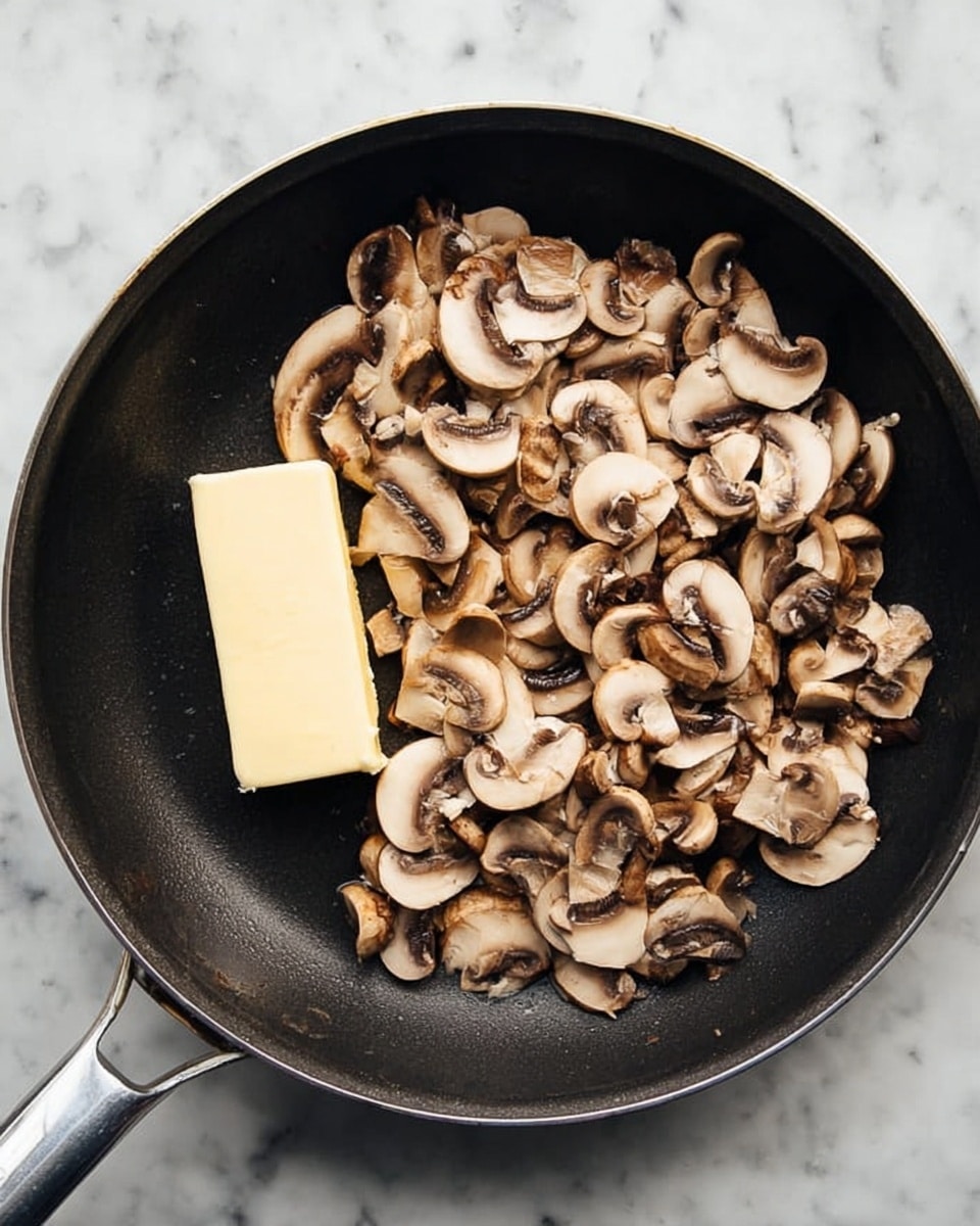 A black frying pan filled mostly on the right side with a pile of sliced light brown mushrooms with dark brown details on the inner parts. On the left side of the pan, there is a small square piece of pale yellow butter melting slightly on the black surface. The pan is placed on a white marbled texture surface. photo taken with an iphone --ar 4:5 --v 7