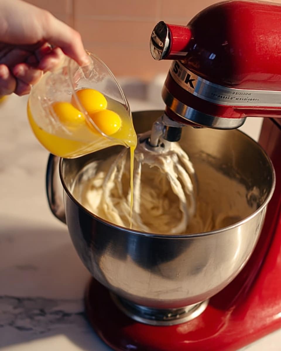 A woman's hand is pouring two bright yellow egg yolks from a clear measuring cup into a shiny silver mixing bowl attached to a red stand mixer. Inside the bowl, a creamy, light beige batter is mixing with a visible swirling motion from the mixer beaters. The background is soft and out of focus, with warm lighting highlighting the textures of the yolks and batter. The surface beneath the mixer is a white marbled texture. photo taken with an iphone --ar 4:5 --v 7
