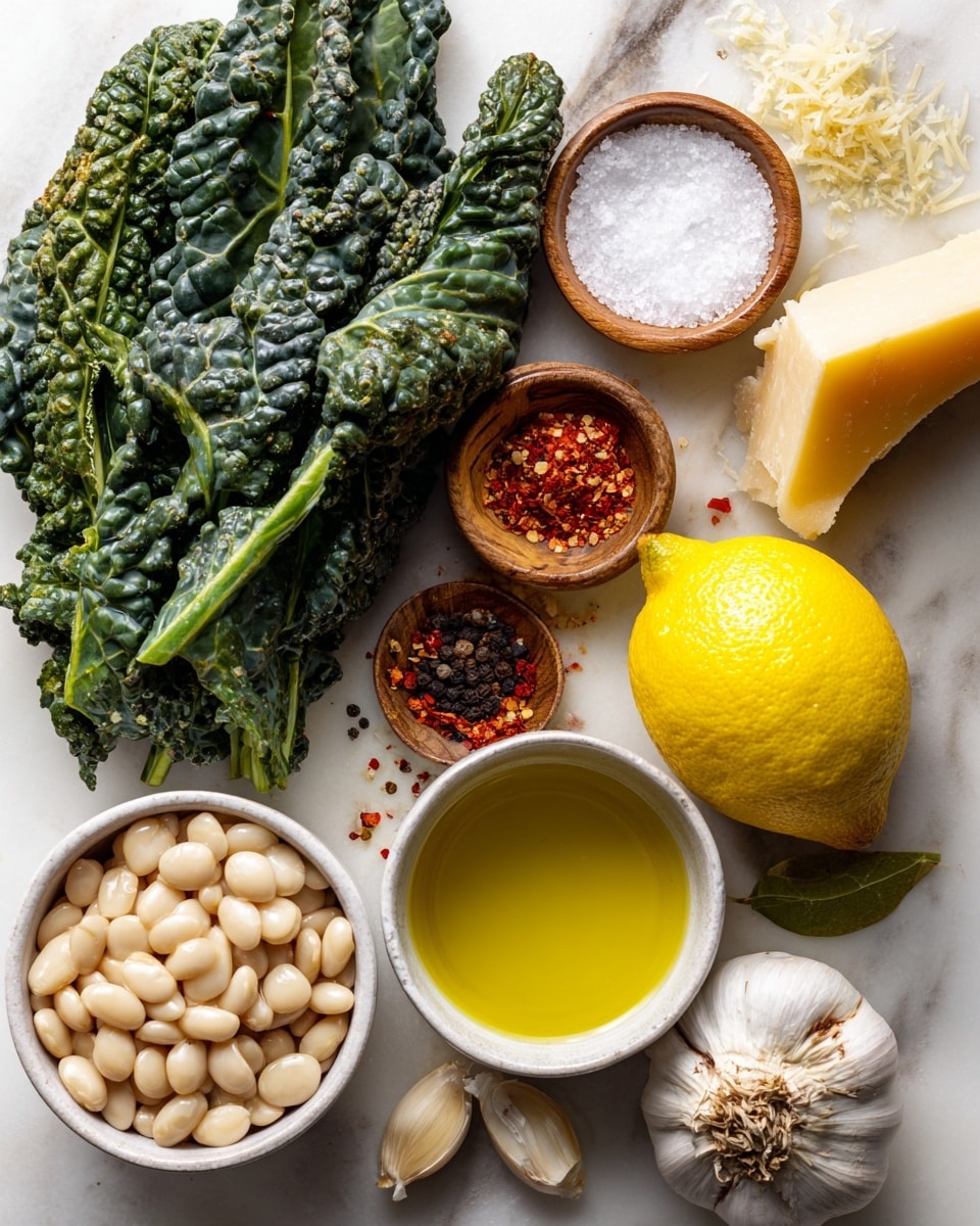 The image shows a collection of fresh ingredients arranged neatly on a white marbled surface. There is a bunch of dark green leafy vegetables with a textured, slightly crinkled appearance positioned near the center left. Above and around the greens, there is a wooden bowl filled with white kosher salt and another small wooden bowl containing crushed red pepper flakes. To the right, there are two cans of white cannellini beans placed side by side. A fresh lemon with bright yellow, smooth skin sits near the middle. A wedge of pale yellow Parmigiano Reggiano cheese with a firm texture is placed above the lemon. A small white bowl filled with golden olive oil is positioned in the top right corner, and a bulb of fresh garlic with a few cloves partially visible rests near the bottom right. A yellow carton of chicken stock stands upright on the left side. All these ingredients are easy to identify with clear displays of color and texture. Photo taken with an iphone --ar 4:5 --v 7