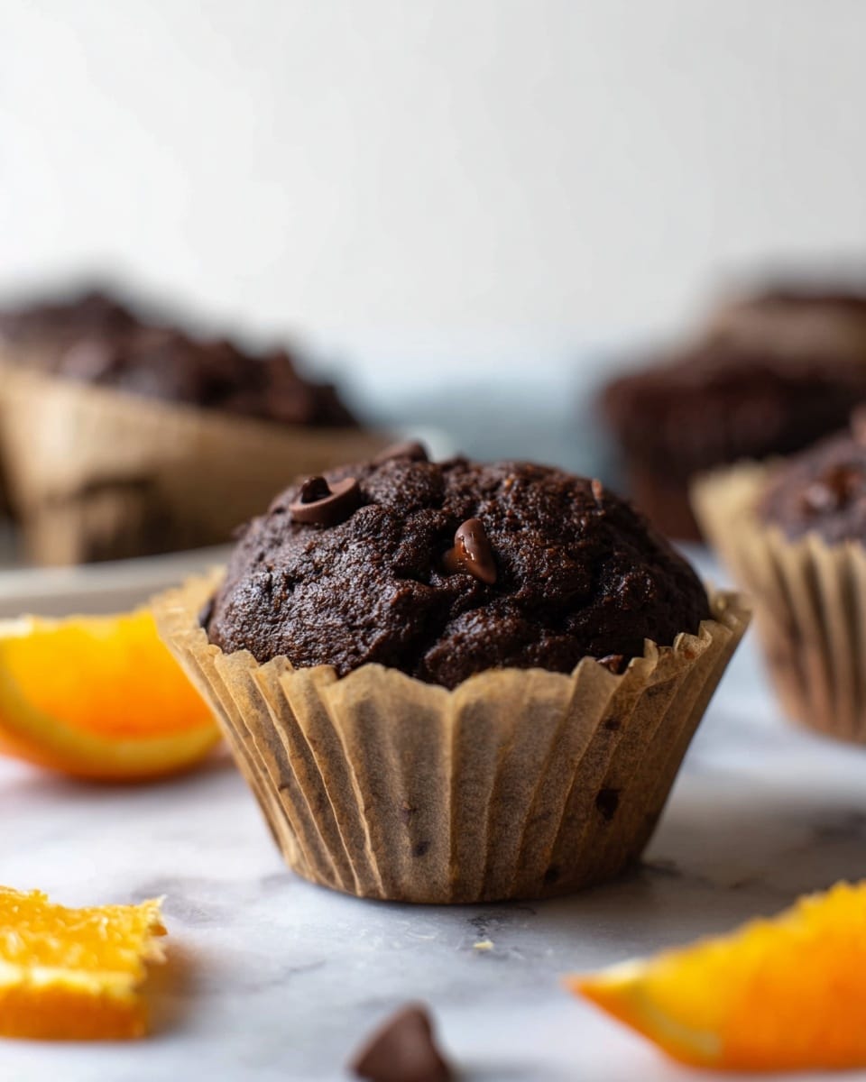 A close-up view of a dark brown chocolate muffin with a rough, cracked top sprinkled with small chocolate chunks, resting on an open, light brown baking paper cup. The muffin is placed on a white marbled surface, with blurred chocolate muffins in similar paper cups in the background. Bright orange slices are scattered around the muffin, adding a pop of color. The image has a soft, natural light and shallow depth of field, with the main muffin in sharp focus. photo taken with an iphone --ar 4:5 --v 7