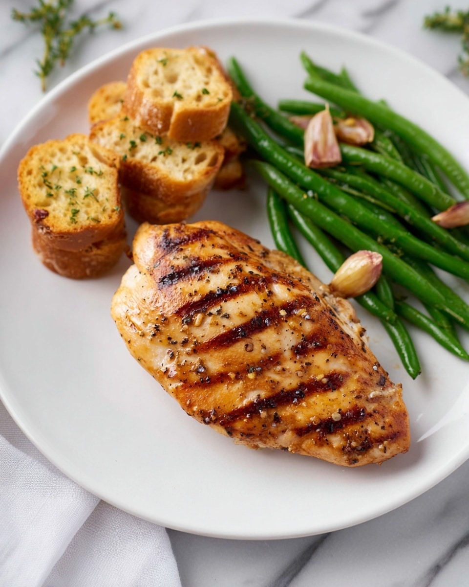 The image shows a white plate placed on a white marbled surface with a grilled chicken breast as the main item at the center. The chicken is golden-brown with visible grill marks running horizontally and some black pepper speckles. To the right side of the plate, there is a small pile of bright green beans with a few light brown garlic slices scattered among them. At the top left side of the plate, three small pieces of toasted bread with a light golden color and bits of herbs are arranged in a stacked manner. photo taken with an iphone --ar 4:5 --v 7