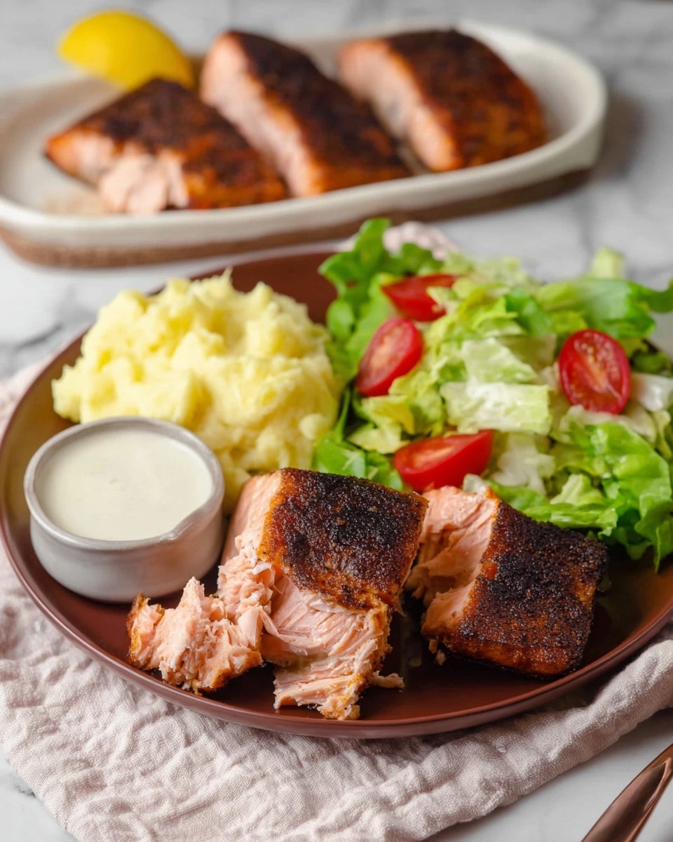 The image shows a round brown plate with three main layers. On the front, thick pieces of cooked salmon have a dark, slightly burnt crispy skin and soft, pink inside with visible texture. To the left of the salmon, there is a mound of creamy yellowish mashed potatoes with a smooth texture. On the right, there is a fresh green lettuce salad with scattered halved cherry tomatoes, adding bright red spots. A small white bowl with a creamy white sauce sits on the plate's edge near the salad. The plate rests on a white cloth over a white marbled surface. In the background, a white oval plate holds more pieces of cooked salmon, and a small lemon wedge is visible. Photo taken with an iphone --ar 4:5 --v 7