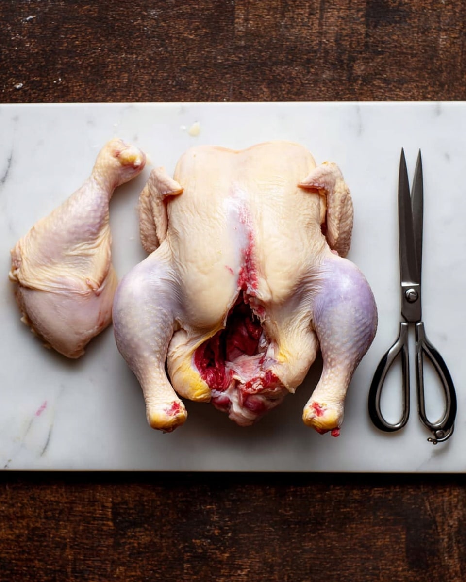 A raw whole chicken is placed on a white cutting board with one leg and the central bone removed and laid separately to the left, showing pale pink skin with slight purple and yellow tones on the tips of the legs, while the interior of the chicken is exposed with red and pink meat visible along the split center. To the right of the chicken is a pair of black-handled kitchen scissors with shiny silver blades, all set on a dark brown wooden surface that is replaced by a white marbled texture. photo taken with an iphone --ar 4:5 --v 7