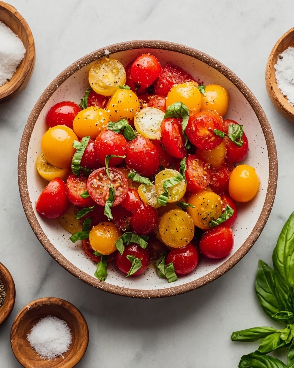 A clear glass bowl in the center holds two chicken pieces soaking in a dark brown marinade with a smooth texture, filling the bowl halfway. To the left, a clear glass bowl contains a mix of small red, yellow, and brown cherry tomatoes with a shiny surface. Above the tomatoes, a white plate displays several smooth, white mozzarella slices arranged in a loose circle. At the top center, two small wooden bowls sit side by side; one filled with coarse white salt, the other with crushed black pepper. To the right side, a few bright green basil leaves lay casually on the white marbled surface and a small white cup with a little olive oil sits near them. Photo taken with an iphone --ar 4:5 --v 7