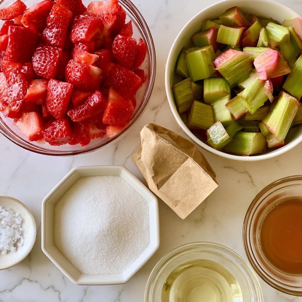 The image shows six bowls and a paper bag arranged on a white marbled surface. At the top left, there is a clear glass bowl filled with bright red, roughly chopped strawberries layered close together. To the right of it, a white bowl holds chopped pieces of green rhubarb with pinkish edges. Below the strawberries is a white octagonal bowl filled with white granulated sugar, smooth on top. Next to the sugar on the lower left is a small white bowl containing coarse salt crystals. In the center, a small brown paper bag is partially opened, and two clear glass bowls are on the lower right—one holds a light yellow liquid, the other a light brown liquid. The overall look is clean and fresh, with a focus on the colorful fresh fruit and simple ingredients. Photo taken with an iphone --ar 4:5 --v 7