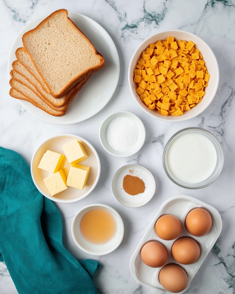 The image shows ingredients for a recipe arranged on a white marbled surface. There are six slices of light brown bread stacked neatly on a white round plate at the top left. Below the plate, there is a white bowl filled with small bright orange square cereal pieces. To the right of the cereal, there is a white round dish with several small yellow butter cubes. Next to it is a small white bowl with fine white sugar, and below that, another small white bowl with a brown powder, likely cinnamon. At the top right, there is a white bowl filled with a white liquid, probably milk. Below it, a small white bowl has a light brown liquid, maybe syrup or vanilla extract. On the bottom right, a white egg tray holds three brown eggs, two sitting in the slots and one lying on the side. A folded teal cloth napkin is placed near the top right corner. Photo taken with an iphone --ar 4:5 --v 7