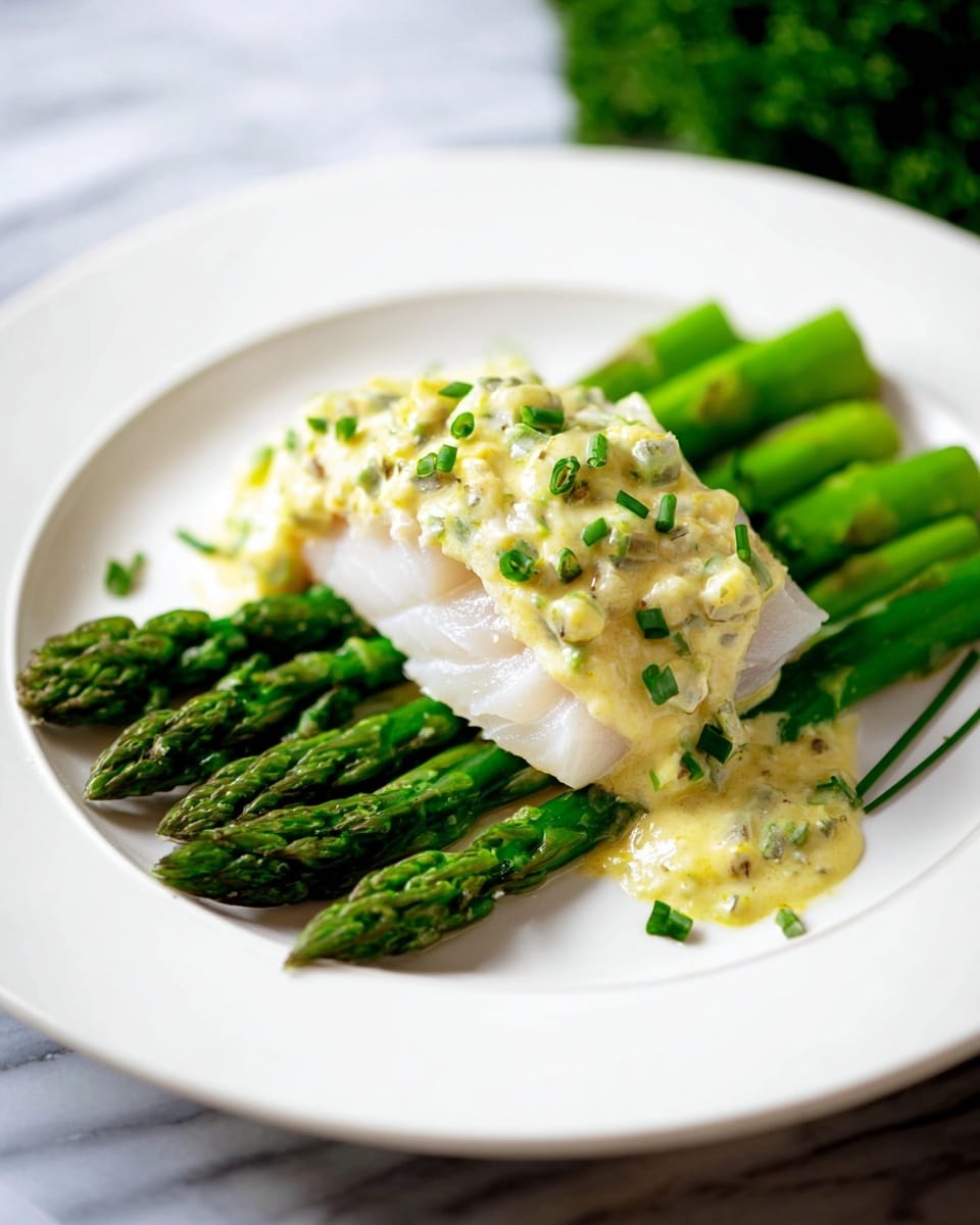 A white plate sits on a white marbled surface, holding a dish with three main layers. The bottom layer is a bed of bright green asparagus spears, arranged neatly in a fan shape. On top of the asparagus lies a piece of light pinkish-white fish with a tender, flaky texture. The top layer is a creamy, pale yellow sauce mixed with small green herb pieces and finely diced ingredients, spread evenly over the fish. Small green chives are sprinkled on top and around the plate for a fresh touch. Photo taken with an iphone --ar 4:5 --v 7