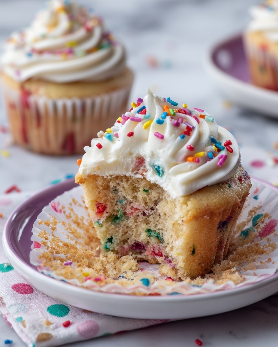 The image shows a close-up of a cupcake with one bite taken out of it, revealing a soft texture filled with colorful sprinkles inside. The cupcake has a light brown muffin base dotted with red, blue, and green sprinkles. On top, there is a swirl of white frosting with more colorful sprinkles scattered on it. The cupcake rests in a white paper liner placed on a white plate with a purple rim, all set on a white marbled surface with a polka dot napkin nearby. Another whole cupcake with white frosting and sprinkles is partly visible in the top left corner. Photo taken with an iphone --ar 4:5 --v 7