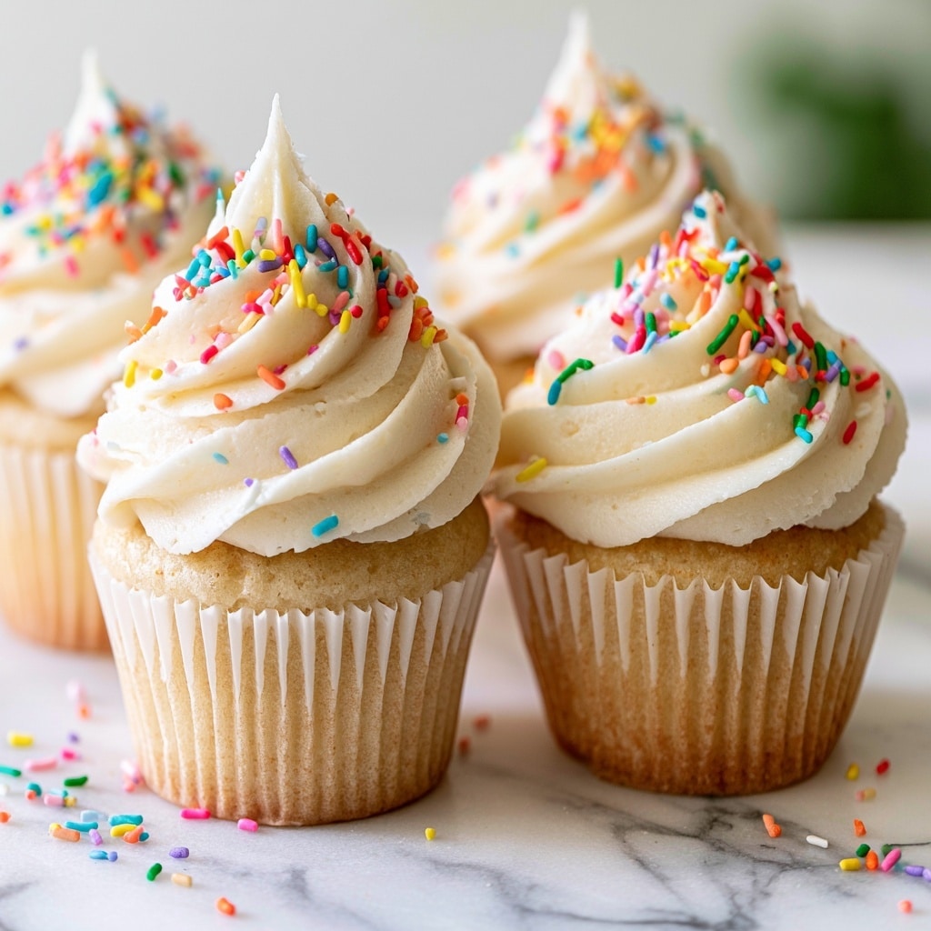 Three cupcakes sit on a white marbled surface, each with one base layer of light brown cake in white paper liners, topped with a thick layer of off-white creamy frosting swirled in a spiral shape. Brightly colored sprinkles in red, blue, yellow, green, pink, and purple are scattered over the frosting and around the cupcakes on the white marble. The background is softly blurred with a subtle hint of green. Photo taken with an iphone --ar 4:5 --v 7