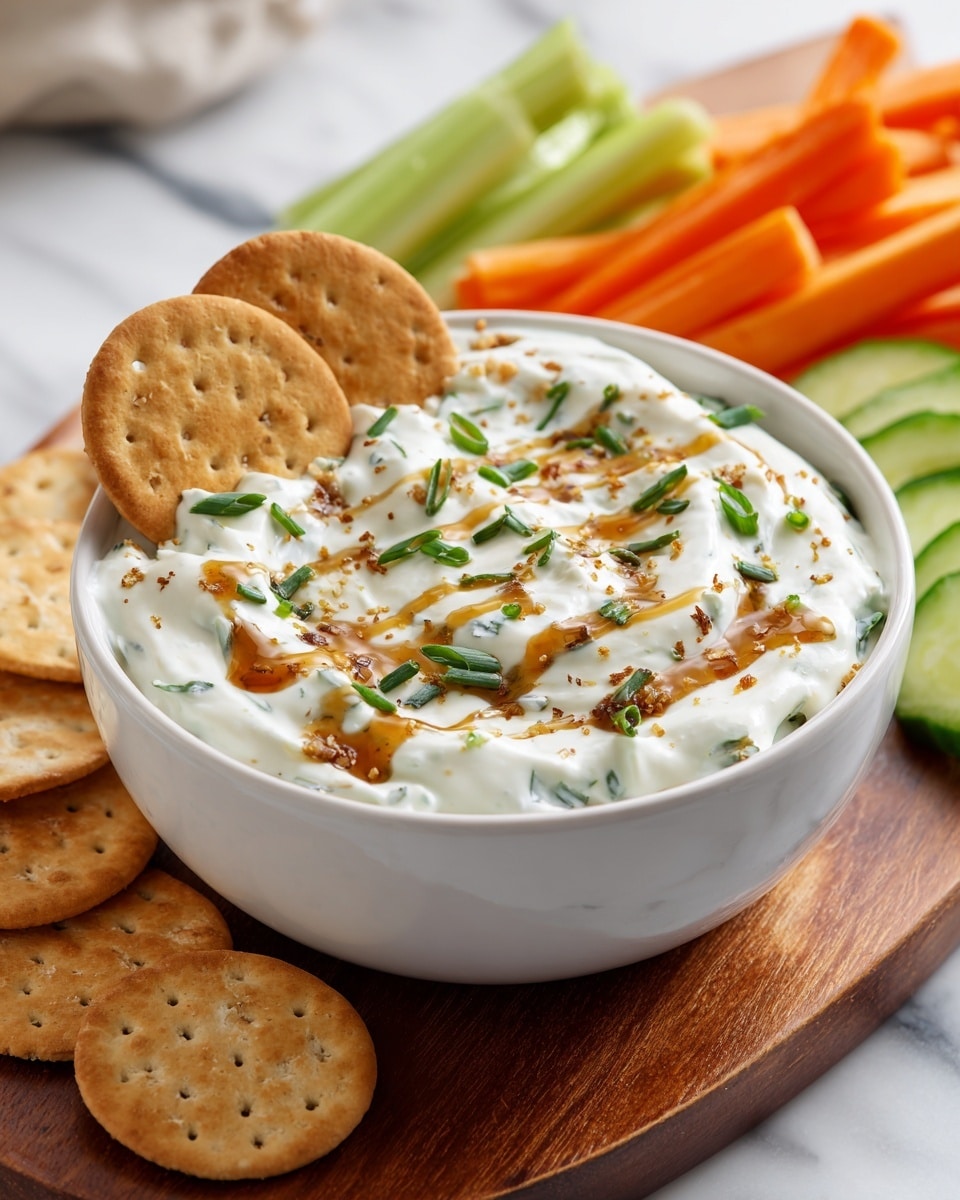 A white bowl filled with creamy white dip topped with green chopped herbs and a swirl of light brown sauce, with two small pretzels placed on the dip. Surrounding the bowl on a wooden board are fresh green cucumber slices arranged in a fan shape, bright orange carrot sticks, pale green celery sticks, and round golden pretzel crackers. Another white bowl with dark red sauce and a spoon is nearby. Some purple chive flowers decorate the bottom left corner. The background is a white marbled texture photo taken with an iphone --ar 4:5 --v 7
