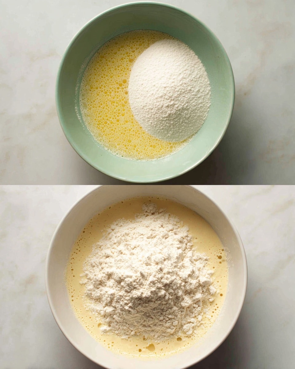 The top image shows a white bowl with a greenish tint containing three layers: on the left, a mound of white sugar with a grainy texture; on the right, a layer of yellow beaten eggs with bubbles and a smooth shiny surface; between them, a small dark drop of liquid, likely vanilla extract, adding contrast. The bottom image shows the same bowl now with the sugar and eggs mixed to a slightly frothy yellow liquid base, topped with a large heap of fine white flour that sits in the middle-right half of the bowl. The textures contrast between the fluffy flour and the wet batter below, all resting on a white marbled surface photo taken with an iphone --ar 4:5 --v 7