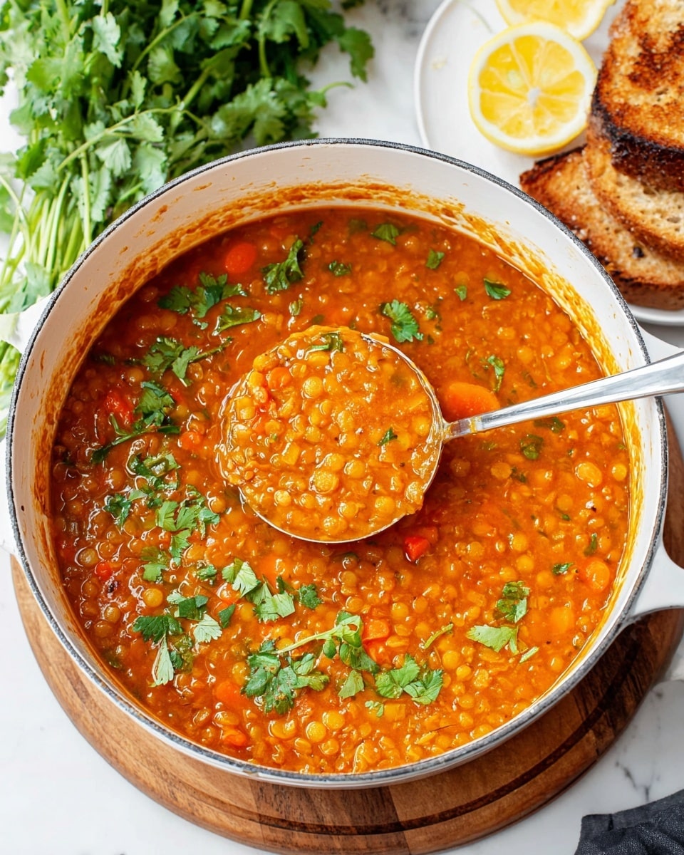 A white pot filled with thick orange-red lentil soup with visible small lentils and chunks of cooked carrots and celery throughout. Fresh green cilantro leaves are scattered on top, adding a bright touch. A shiny silver ladle scoops some soup from the center of the pot, showing the soup's chunky texture. The pot sits on a round wood board, set against a white marbled surface. In the background, there is a bunch of fresh cilantro and a halved lemon, with a large piece of toasted bread partially visible to the side. Photo taken with an iphone --ar 4:5 --v 7