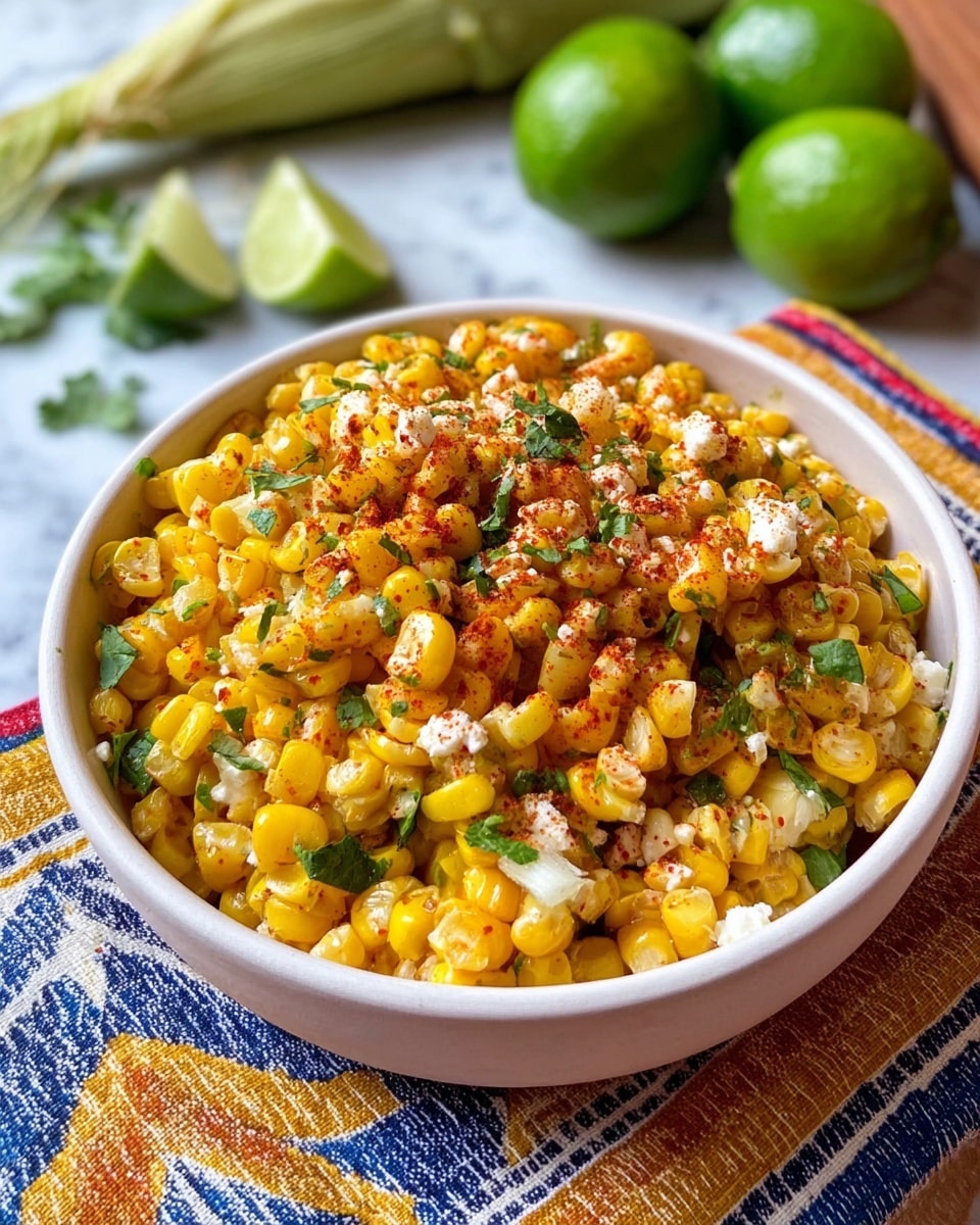 A white bowl filled with bright yellow corn kernels mixed with small pieces of white cheese, green chopped herbs, and a light dusting of red chili powder on top. The corn looks juicy and slightly roasted. The bowl is placed on a multicolored cloth with blue, white, and mustard patterns on a white marbled surface. Whole and halved green limes and some corn husks are blurred in the background. photo taken with an iphone --ar 4:5 --v 7