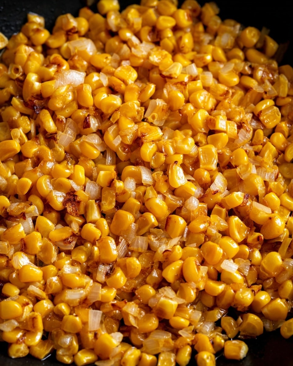 This image shows a close-up view of a single layer of cooked corn kernels mixed with small bits of finely chopped cooked onion. The corn pieces are a bright yellow-orange color with a shiny and slightly caramelized texture, showing small darker spots from cooking. The onion bits are translucent white with some light brown edges. The background is a dark pan that contrasts with the corn, and the whole image is set on a white marbled surface. Photo taken with an iphone --ar 4:5 --v 7