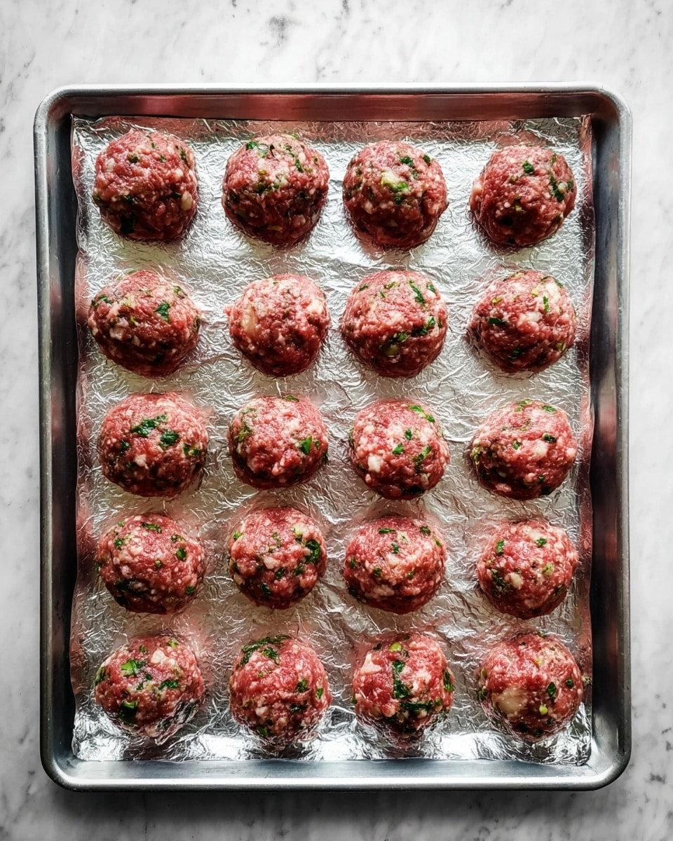 A baking tray lined with crinkled silver foil holds fifteen uncooked meatballs arranged in three rows of five. Each meatball is round and textured with small bits of green herbs and light-colored onion mixed throughout the raw reddish-brown meat. The tray sits on a surface with a white marbled texture. The image captures the meatballs from above, showing their moist and fresh appearance. Photo taken with an iphone --ar 4:5 --v 7