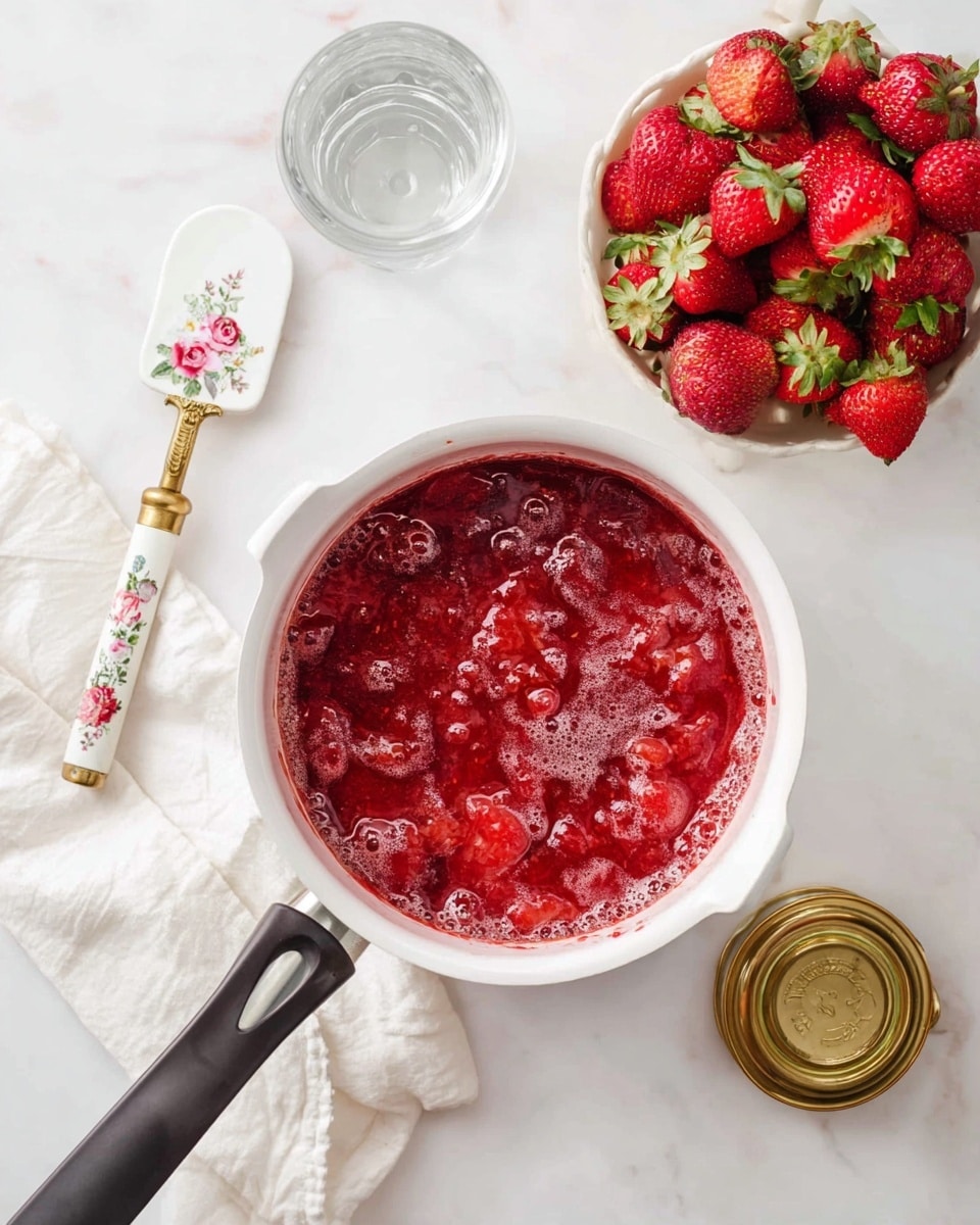 A top view of fresh red strawberries with green leaves piled inside a white bowl placed on a white marbled surface. Below the bowl, there is a small white scalloped dish filled with dark brown vanilla bean paste on the left and a simple white round bowl filled with amber-colored maple syrup on the right. To the far right, a white pan with a grey handle is partially visible. A spatula with a floral design and a golden handle and a white cloth are placed in the bottom left corner. Photo taken with an iphone --ar 4:5 --v 7