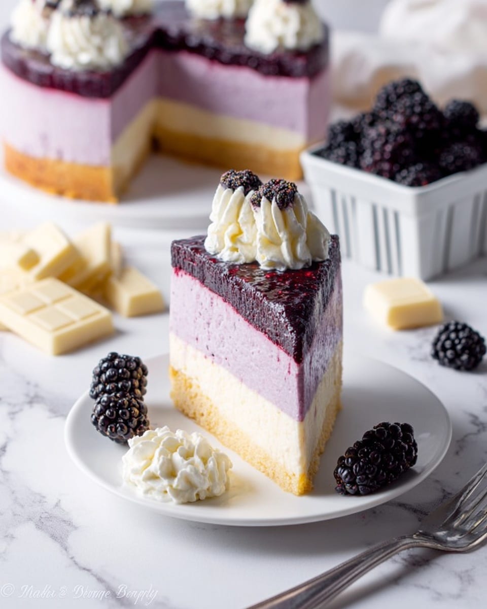 The image shows a three-layer blackberry white chocolate mousse cake on a white stand over a white marbled surface. The bottom layer is a golden-brown sponge cake, the middle layer is a thick, pale purple mousse, and the top layer is a shiny dark purple blackberry glaze. Around the edge of the top are white whipped cream swirls each paired with a fresh blackberry. A slice of the cake is served on a white plate with one swirl of whipped cream and a blackberry beside it. The background includes extra blackberries in a white square container, white chocolate pieces, and white cloths. Photo taken with an iphone --ar 4:5 --v 7