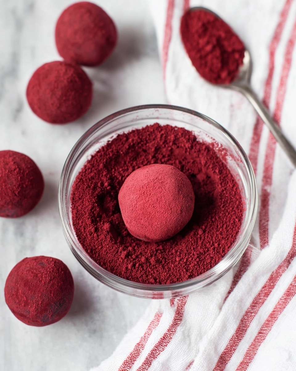 The image shows a clear glass bowl filled with a deep red powder. In the center of this bowl, a round ball coated with the same red powder sits partially buried. Around the bowl, several red powder-coated balls are placed on a white marbled surface. At the top right, a metal spoon holds some of the same red powder, resting on the surface near a white cloth with red stripes. The overall color theme is rich red against the white marbled backdrop. photo taken with an iphone --ar 4:5 --v 7