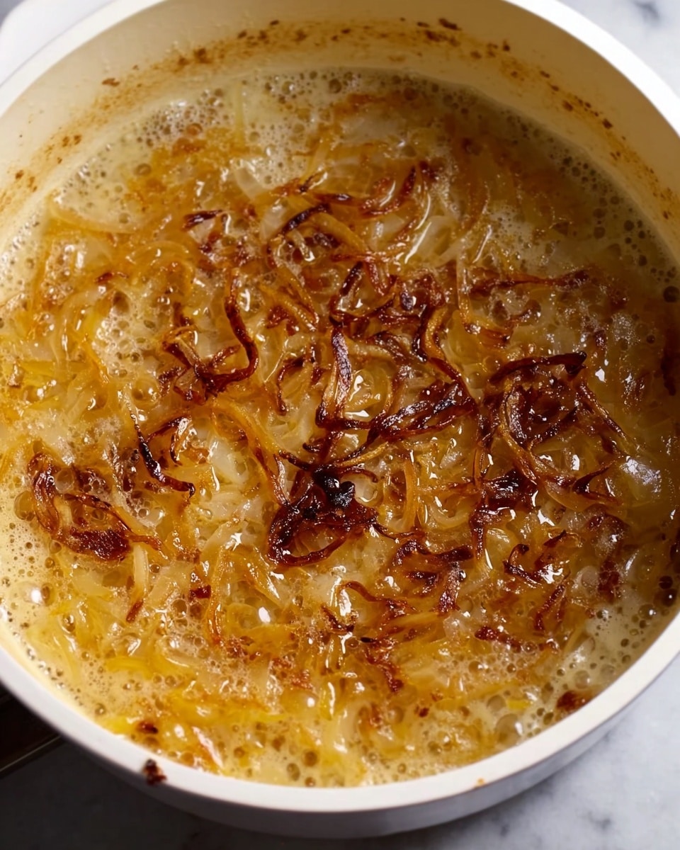 A close-up view inside a white pot showing one main layer of thin, soft onions cooking in bubbling oil. The onions are golden brown with some parts turning darker, crispy, and caramelized. The texture is a mix of soft and slightly crunchy pieces in the foamy, hot oil. The pot’s inside edge is lightly stained with bits of cooked onion and oil splashes. The surface under the pot has a white marbled texture. photo taken with an iphone --ar 4:5 --v 7
