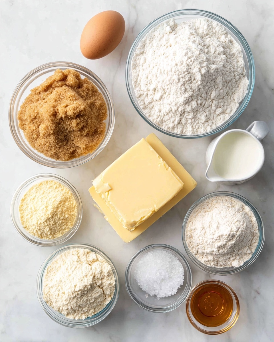 The image shows nine separate ingredients arranged on a white marbled surface. At the top left is a clear glass bowl filled with light brown sugar that looks soft and crumbly. To its right is a larger clear glass bowl full of white flour with a powdery texture. Below the brown sugar is a single brown egg resting on the surface. In the center is a solid square block of yellow butter with a smooth surface. Surrounding the butter are smaller clear glass bowls: one with pale yellow almond flour, another with white powdered sugar, and another with a light beige flour. There is a small white pitcher filled with cream near the top right, a tiny bowl with coarse salt in the bottom center, and a clear glass bowl with amber-colored vanilla extract near the lower left. All items are neatly spaced with natural lighting. Photo taken with an iphone --ar 4:5 --v 7