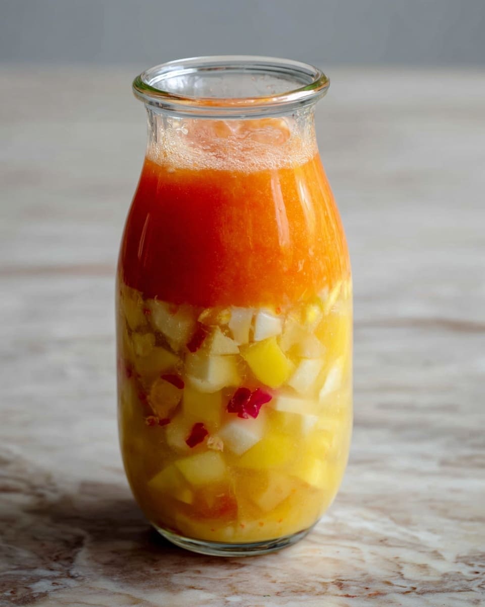 A tall clear glass jar filled with three visible layers of fruit mixture, starting from the bottom with a chunky layer of yellow and white pieces mixed with small red bits, followed by a solid bright orange middle layer, and topped with a lighter orange, somewhat frothy layer containing small chunks and bits of fruit. The jar stands on a surface with a white marbled texture, and the image is taken with soft natural light showing clear details of the textures and colors inside the jar. photo taken with an iphone --ar 4:5 --v 7