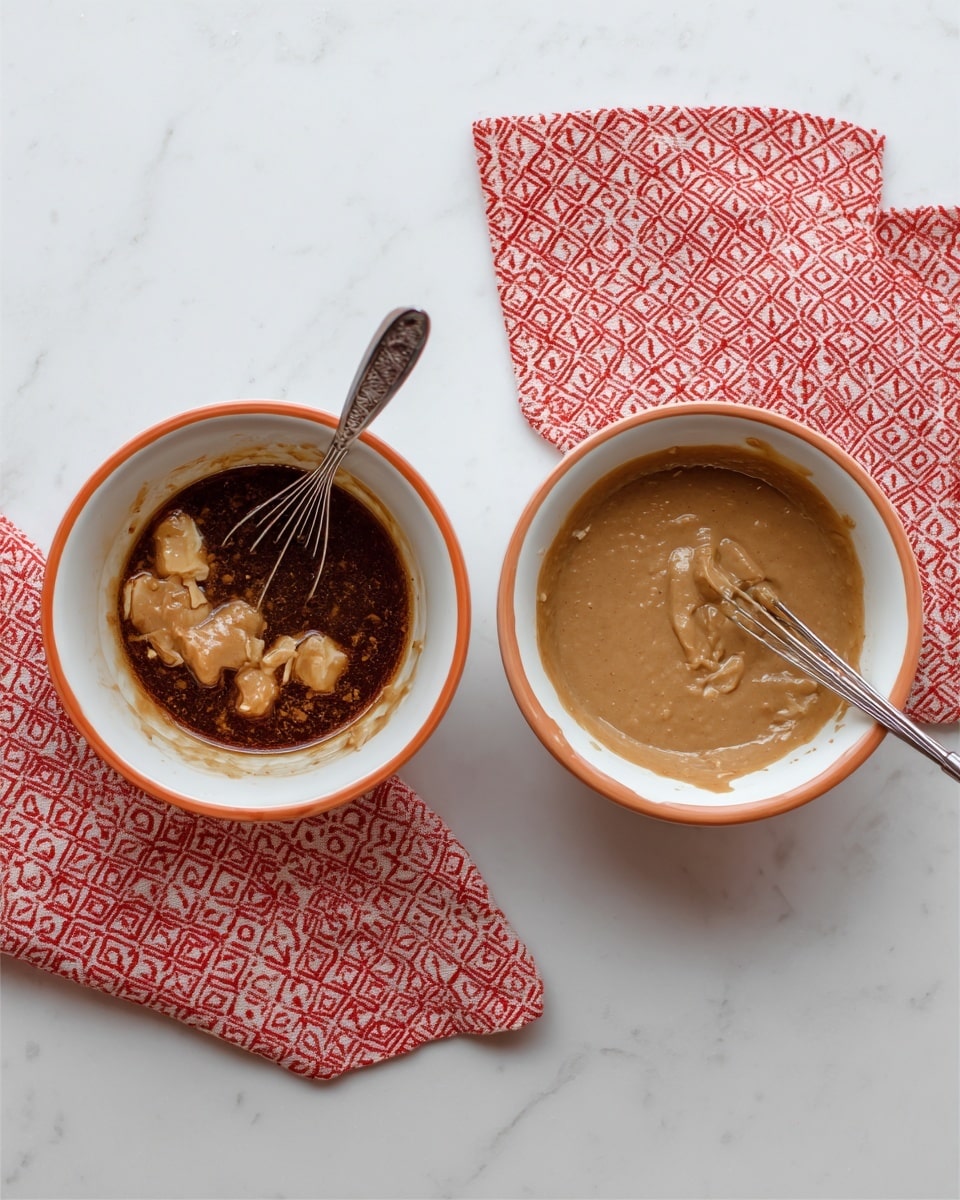 Two white bowls with orange rims sit on a white marbled surface, each with a small metal whisk inside. The bowl on the left contains dark brown liquid with chunks of a light tan ingredient resting on top, creating a contrast in texture and color. The bowl on the right shows the same mixture fully blended into a smooth, creamy light brown paste with a consistent texture. Above and behind both bowls is a folded red cloth with white geometric patterns. Photo taken with an iphone --ar 4:5 --v 7