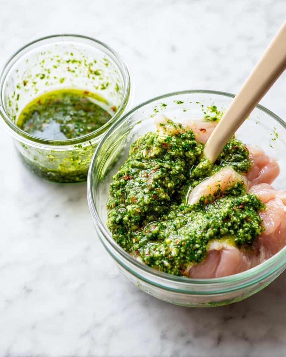 A clear glass bowl sits on a white marbled surface holding raw chicken pieces topped with a thick layer of green herb sauce that has a chunky texture, showing bits of herbs and oil. Next to it is a clear measuring cup with the same green sauce. A beige spatula rests inside the bowl on the right side, partially touching the chicken and sauce. The layers include the bottom raw chicken with a pale pink color, and on top of it a vibrant green sauce with visible herbs. Photo taken with an iphone --ar 4:5 --v 7