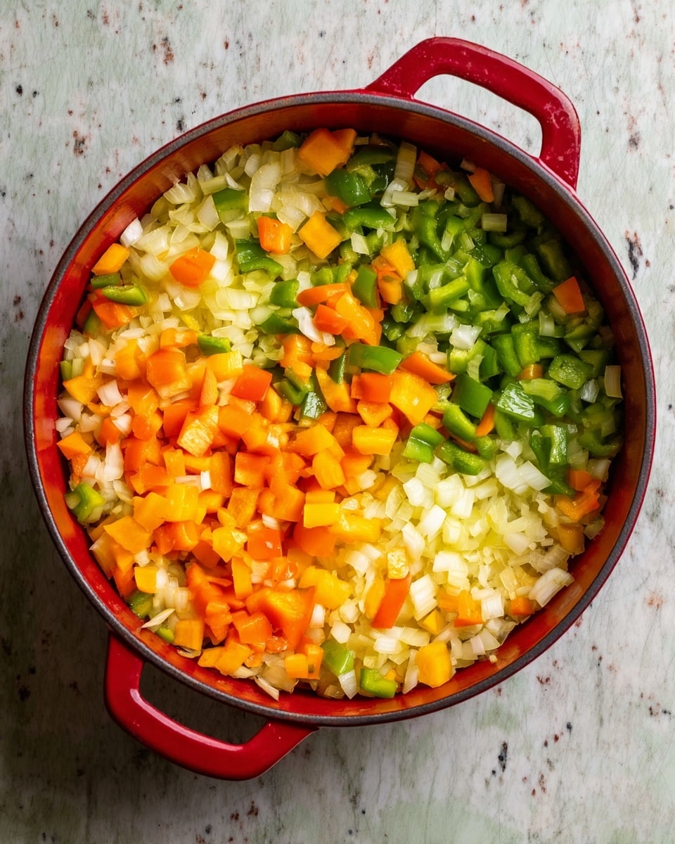 A top view of a red pot filled with three layers of chopped vegetables on a white marbled surface. The bottom layer is light yellow diced onions, evenly spread. The middle layer has bright orange bell pepper pieces, larger and scattered. The top layer is a mix of chunky green bell pepper pieces and more diced onions, scattered together, creating a colorful and fresh look. Photo taken with an iphone --ar 4:5 --v 7