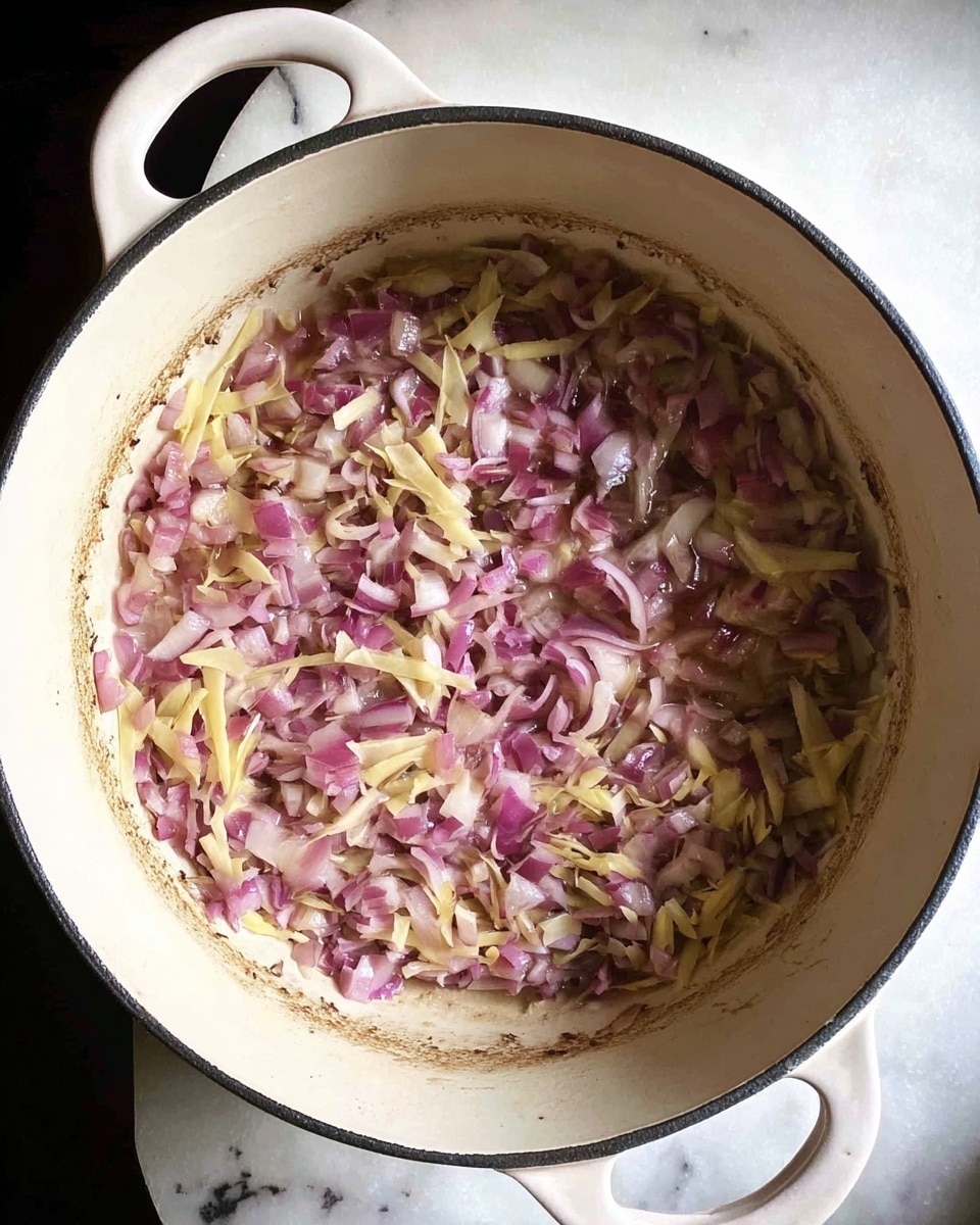 Inside a white round pot with two handles, chopped red onions and thin light yellow strips are lightly cooked and spread unevenly in one thin layer at the bottom, showing some browned spots on the pot's inner surface; the pot sits on a white marbled surface with a dark shadowed area on one side. Photo taken with an iphone --ar 4:5 --v 7