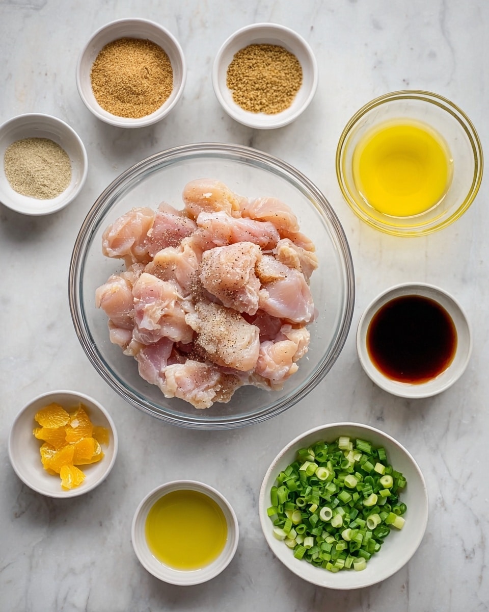 In the center, there is a clear glass bowl filled with raw, pale pink pieces of chicken seasoned lightly with salt and pepper. Surrounding the bowl are eight small white bowls each holding different ingredients: light brown sugar with a grainy texture, bright yellow liquid, clear pale yellow liquid, a dark brown liquid, fresh chopped green onions, tiny pieces of yellow ginger and white minced garlic, and a small amount of bright orange zest. The bowls and bowl are placed on a white marbled surface. Photo taken with an iphone --ar 4:5 --v 7