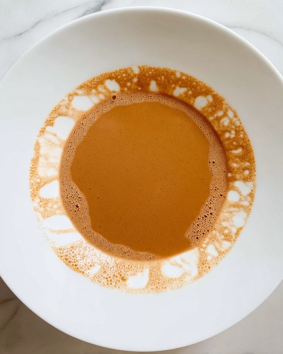 A smooth light brown sauce is spread in one thick layer in the middle of a large white plate. Around this central pool, the sauce is spread thinly with visible air bubbles and a slightly grainy texture, forming an uneven circular border close to the plate’s edge. The white plate is set against a white marbled surface, highlighting the sauce’s rich color. Photo taken with an iphone --ar 4:5 --v 7