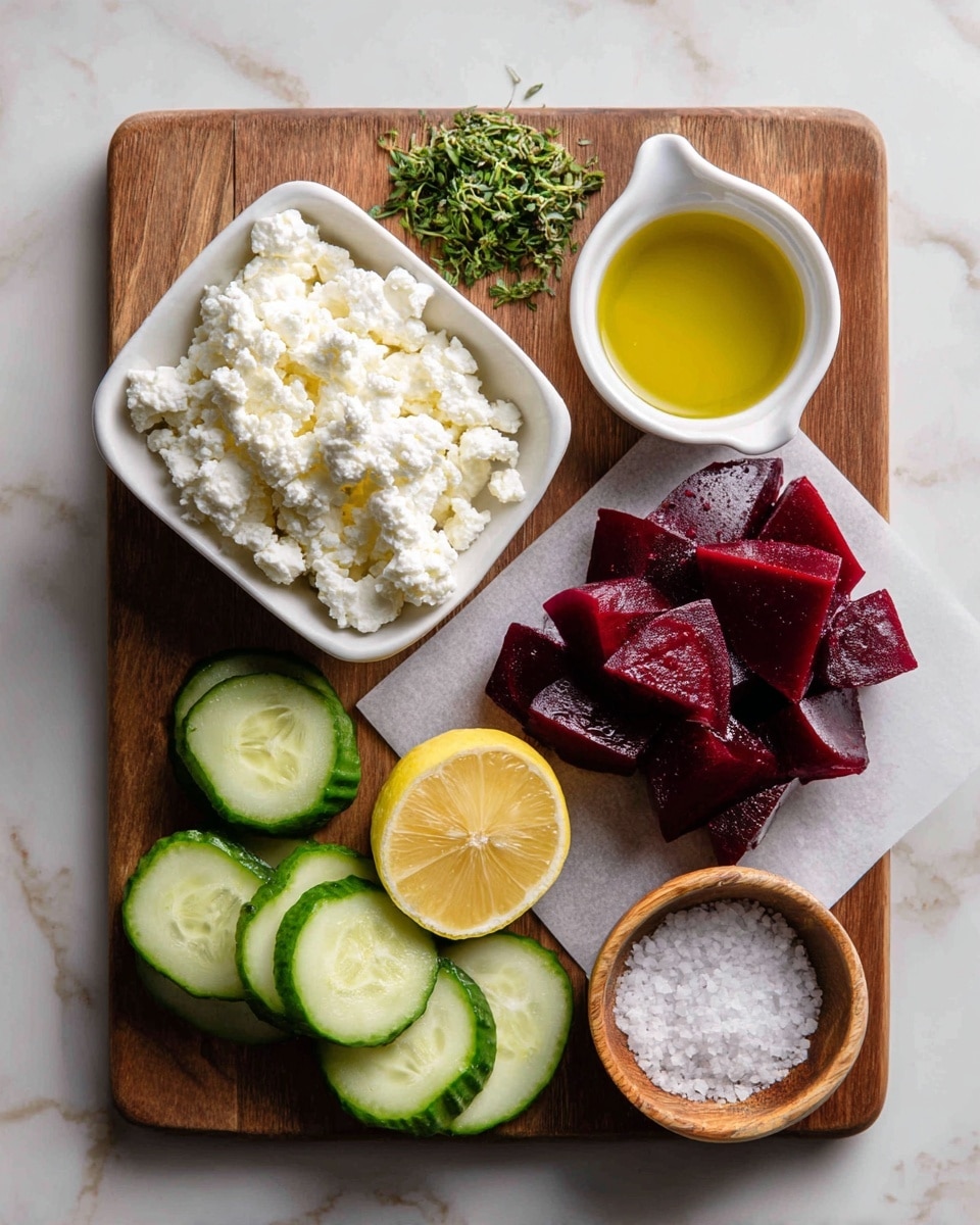 This image shows several fresh ingredients placed on a wooden board with a white marbled background. In the top left, there are small green herbs, next to a white square bowl filled with crumbly white feta cheese. To the right of the bowl, there is a white round ramekin with golden yellow extra virgin olive oil. In the center of the board is a lemon half, showing its bright yellow interior. Below the lemon are slices of cucumber with green skin and pale green insides. At the bottom right, on a white parchment paper, there are deep red beet pieces cut into chunks. To the right of the beets is a small wooden bowl holding coarse white salt. The setup is neat and colorful, highlighting the natural textures and colors of the ingredients. Photo taken with an iphone --ar 4:5 --v 7
