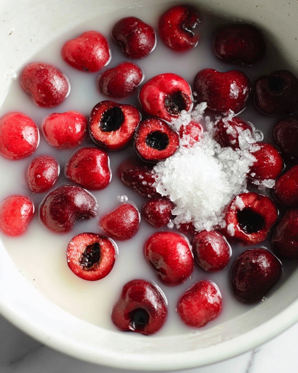 A close-up view of a white bowl filled with bright red cherries, some whole and some cut in half showing their dark inner pits, sitting in a milky white liquid. There is a small pile of white granulated sugar on top of the cherries near the center, with some granules scattered around. The cherries have a shiny, somewhat wet texture, and the liquid looks smooth and slightly thick. The scene is set on a white marbled surface, with soft natural light highlighting the glossy cherries. photo taken with an iphone --ar 4:5 --v 7