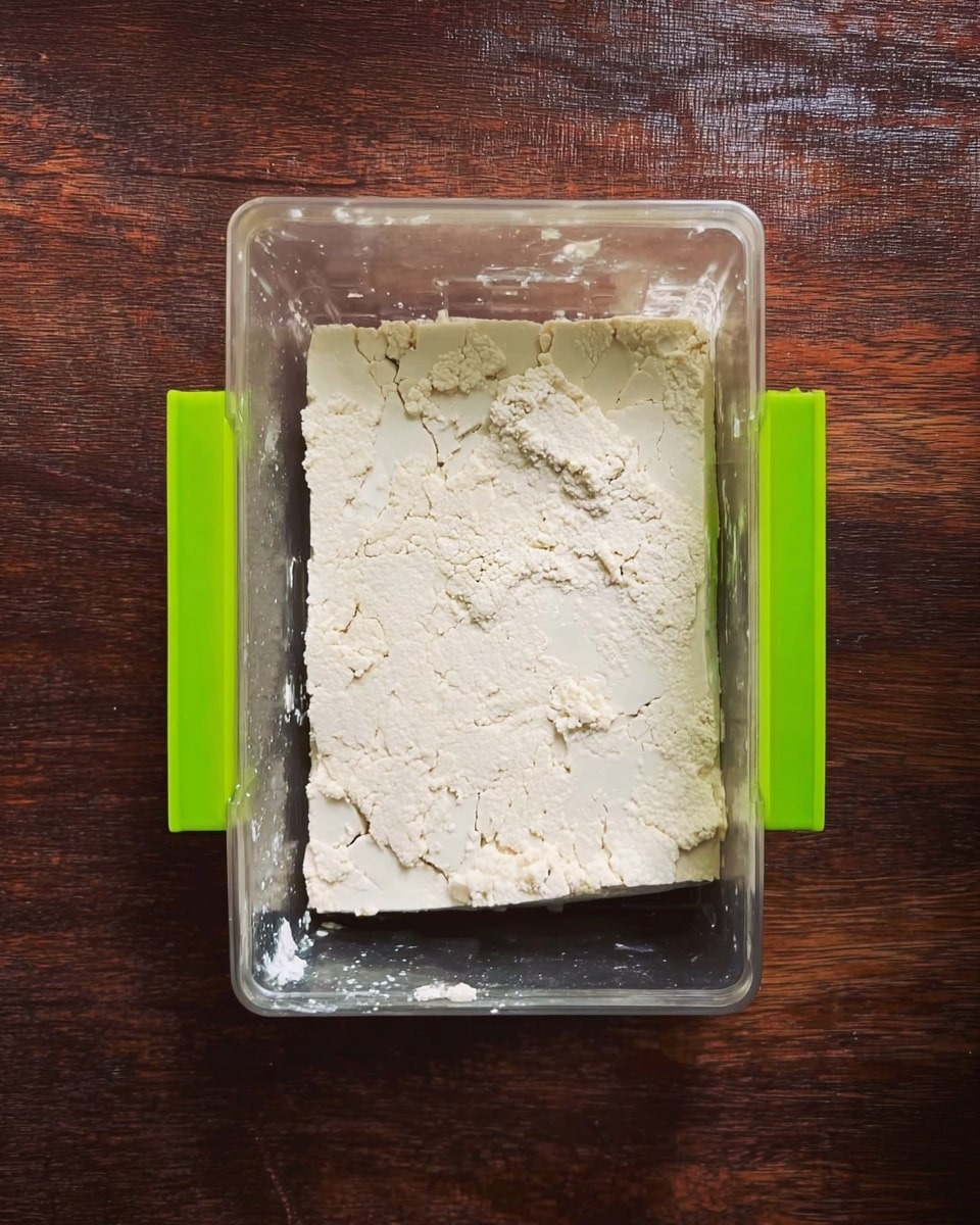 A rough, uneven block of soft, white tofu sits in a clear plastic container with bright green handles on each side. The tofu has small cracks and a slightly wet texture on the surface, showing its freshness. The container is placed on a dark brown wooden surface. photo taken with an iphone --ar 4:5 --v 7