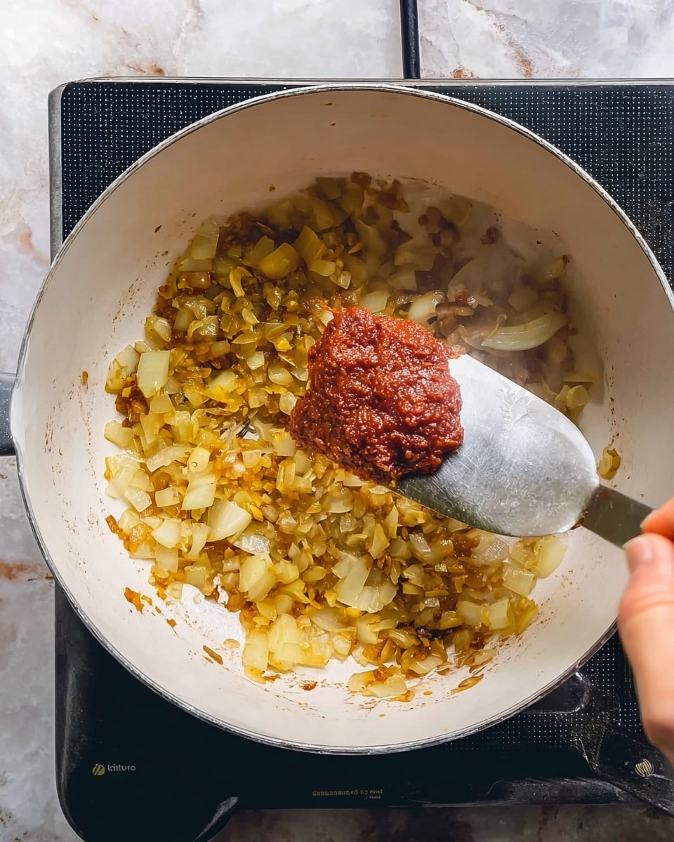A close-up top view of a white pot with sautéed chopped onions and spices, golden and slightly browned, spread mainly on the left side of the pot's inside surface. On the right side, a woman's hand holds a metal spatula with a thick dollop of deep red paste, likely tomato paste, resting on the spatula's edge. The pot is on a black induction stove, and the background is a white marbled texture. The scene shows steam rising, suggesting cooking in progress. photo taken with an iphone --ar 4:5 --v 7