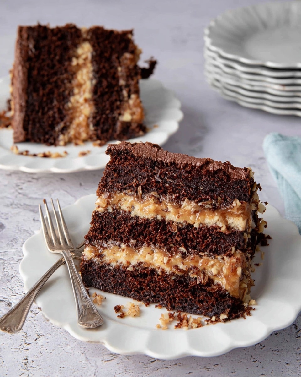 The image shows two slices of a three-layer chocolate cake on white scalloped plates, placed on a white marbled textured surface. Each slice has three thick layers of dark brown chocolate cake separated by a light caramel-colored filling with a coarse texture that looks like it has nuts mixed in. The filling also covers one side of the slices. There are small crumbs and nut pieces scattered around the plates. Two vintage-style silver forks lie next to the plates, and a stack of white scalloped plates is in the background. photo taken with an iphone --ar 4:5 --v 7