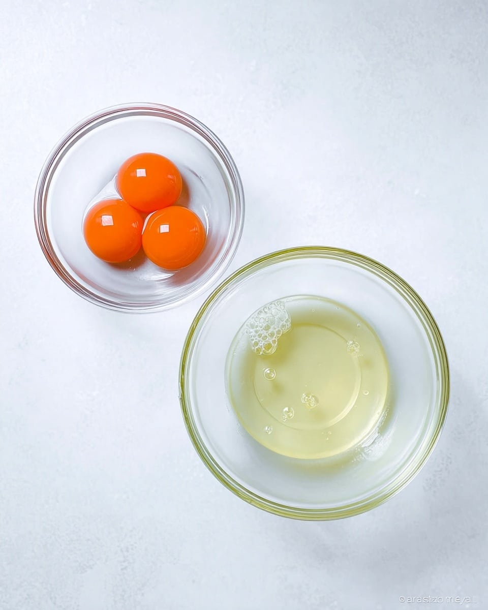 The image shows two clear glass bowls on a white marbled surface. The smaller bowl on the left contains three bright orange egg yolks sitting closely together, with a smooth and slightly shiny texture. The larger bowl on the right holds the clear, slightly yellowish egg whites with a few small bubbles visible on the surface. The bowls are placed side by side with some space between them, and the background is clean and simple. Photo taken with an iphone --ar 4:5 --v 7