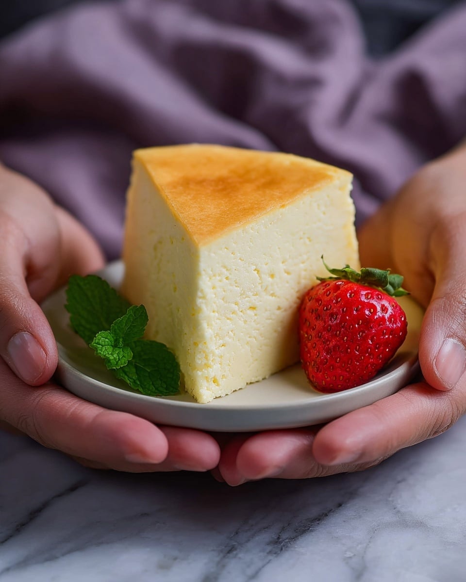 A thick slice of light yellow cheesecake with a smooth, slightly shiny golden top sits on a small white plate, positioned in the center. To the right of the cheesecake is a bright red strawberry with green leaves, and on the left side of the plate are two small fresh green mint leaves. The plate is gently held by a pair of hands with visible skin texture, and the background shows a soft purple fabric, all placed on a white marbled surface. photo taken with an iphone --ar 4:5 --v 7