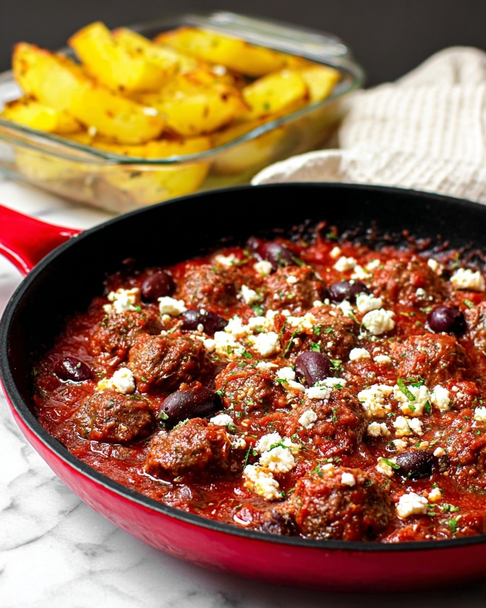 A black skillet with a red outer edge holds a thick red tomato sauce with round meatballs mixed in, topped with small white crumbles of cheese and scattered dark purple olive pieces. The sauce and meatballs fill the skillet almost to the top and have a chunky texture with visible bits of herbs and vegetables. Behind the skillet is a glass dish with golden yellow roasted potato slices, set on a white marbled surface with a white cloth nearby. Photo taken with an iphone --ar 4:5 --v 7