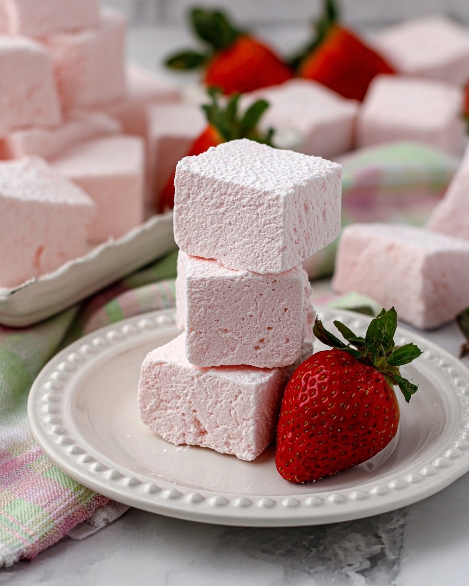 Three soft, pink marshmallows are stacked on a white plate with a beaded edge, showing their powdery texture and slightly uneven surfaces. Next to the stack sits a fresh, red strawberry with green leaves. In the background, more marshmallows and strawberries are visible on a tray, with a pastel pink, green, and white checkered cloth draped nearby. The entire scene is set on a white marbled surface. photo taken with an iphone --ar 4:5 --v 7