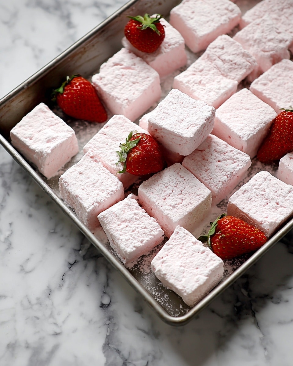 This image shows a metal baking tray filled with about twenty soft, light pink marshmallows. Each marshmallow is square and has a powdery, slightly rough texture on the outside. They are arranged in a loose grid, some leaning against each other. There are four fresh whole strawberries with green tops scattered among the marshmallows, their red color and smooth skin stand out. The tray rests on a white marbled surface with grey veins. photo taken with an iphone --ar 4:5 --v 7