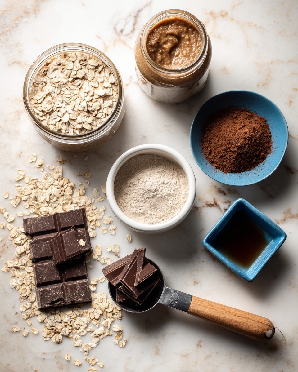 A wooden table with six main items spaced out: a jar of crunchy almond butter with a brown lid on the left, a white bowl filled with light beige rolled oats near the top center, a small white bowl with light brown powder on the right, a blue bowl with finely ground dark brown powder at the top right, a small square blue dish with a dark liquid near the middle, and a metal measuring cup with a wooden handle holding dark chocolate chunks at the bottom left. Scattered oats are spread around the items on the table. The background is changed to a white marbled texture. Photo taken with an iphone --ar 4:5 --v 7